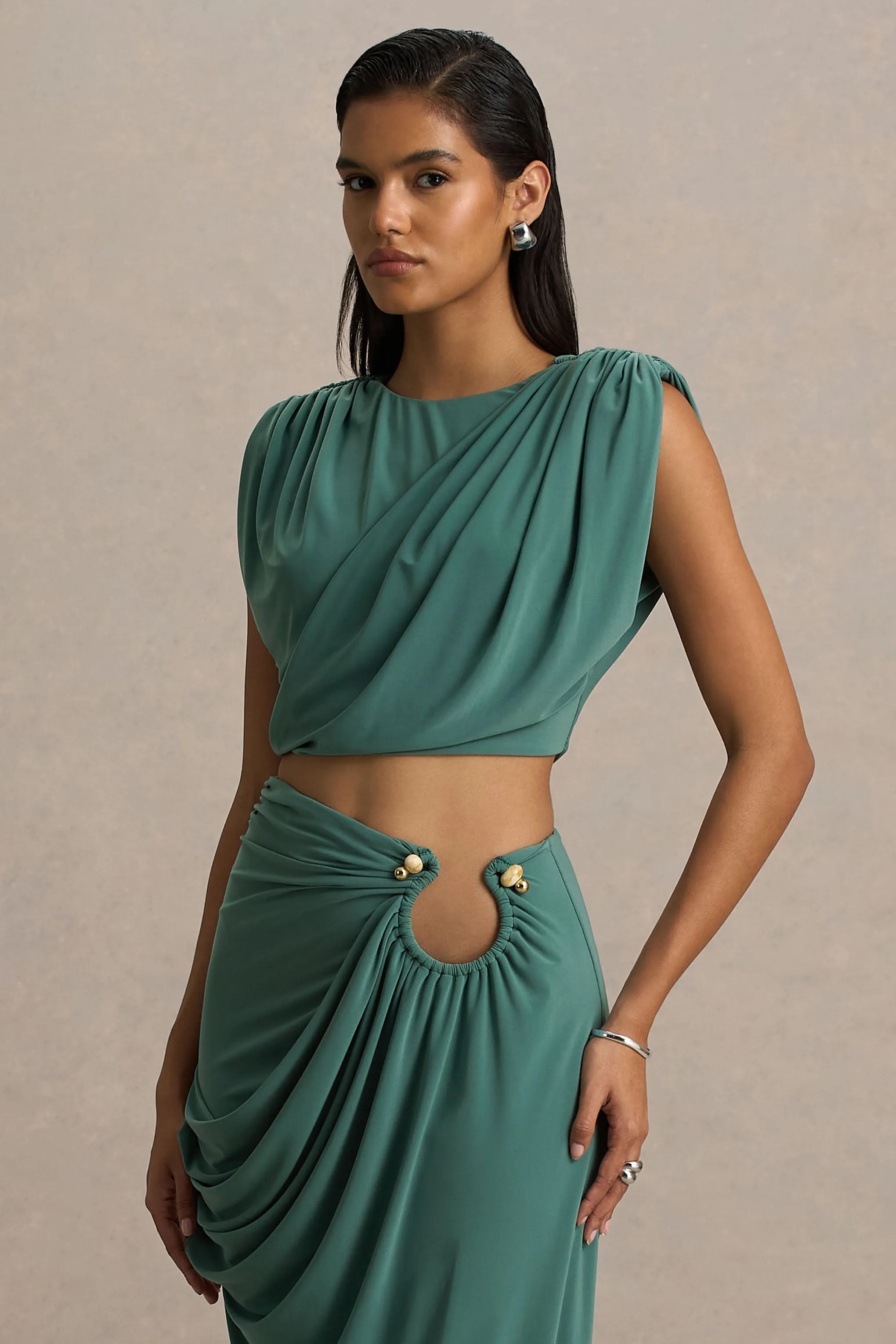 Tilda | Green Crew-Neck Crop-Top With Ruched Detailing sold by Club L London product image thumbnail 4