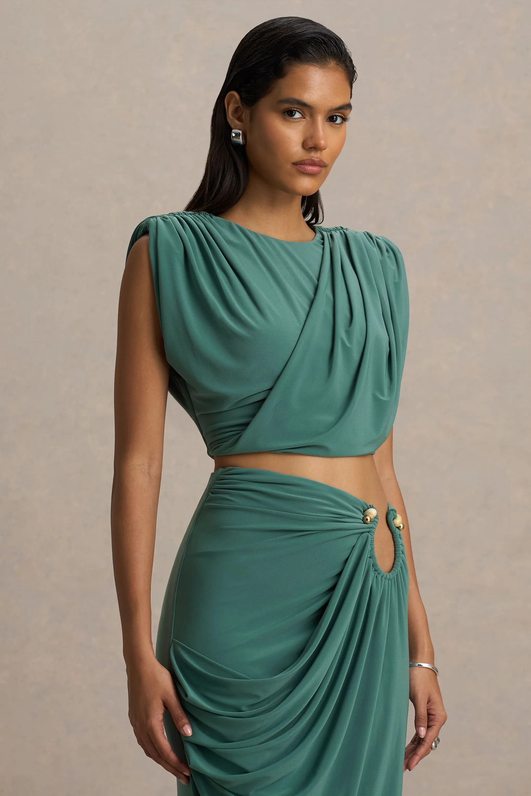 Tilda | Green Crew-Neck Crop-Top With Ruched Detailing sold by Club L London product image thumbnail 5