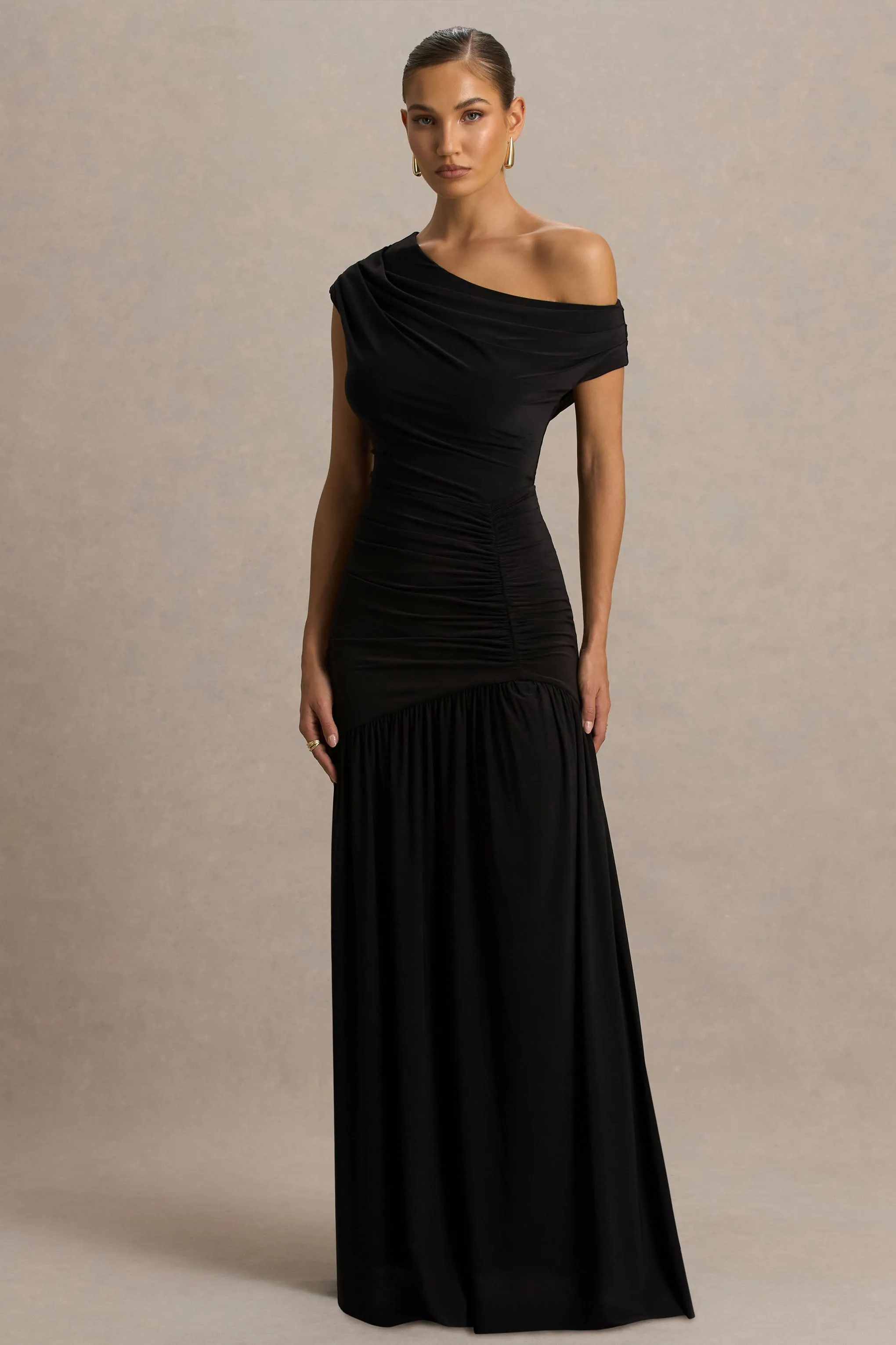 Kady | Black Asymmetric-Neck Maxi Dress With Ruched Detailing and Front-High Split sold by Club L London product image thumbnail 5