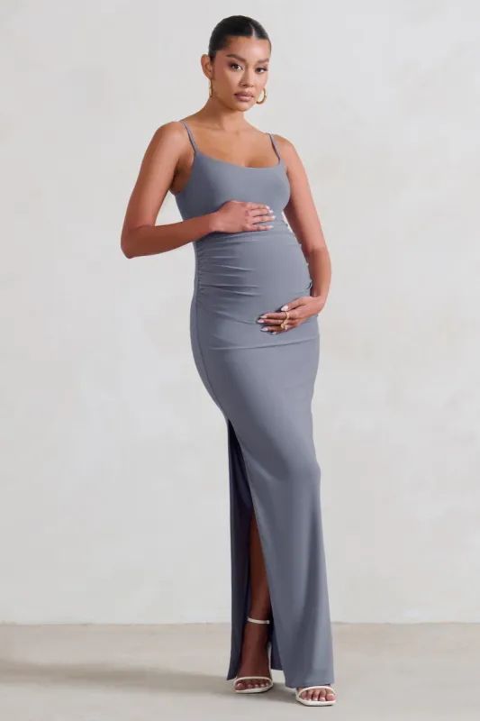 Aurelia | Grey Maternity Cami Maxi Dress With Split made by Club L London