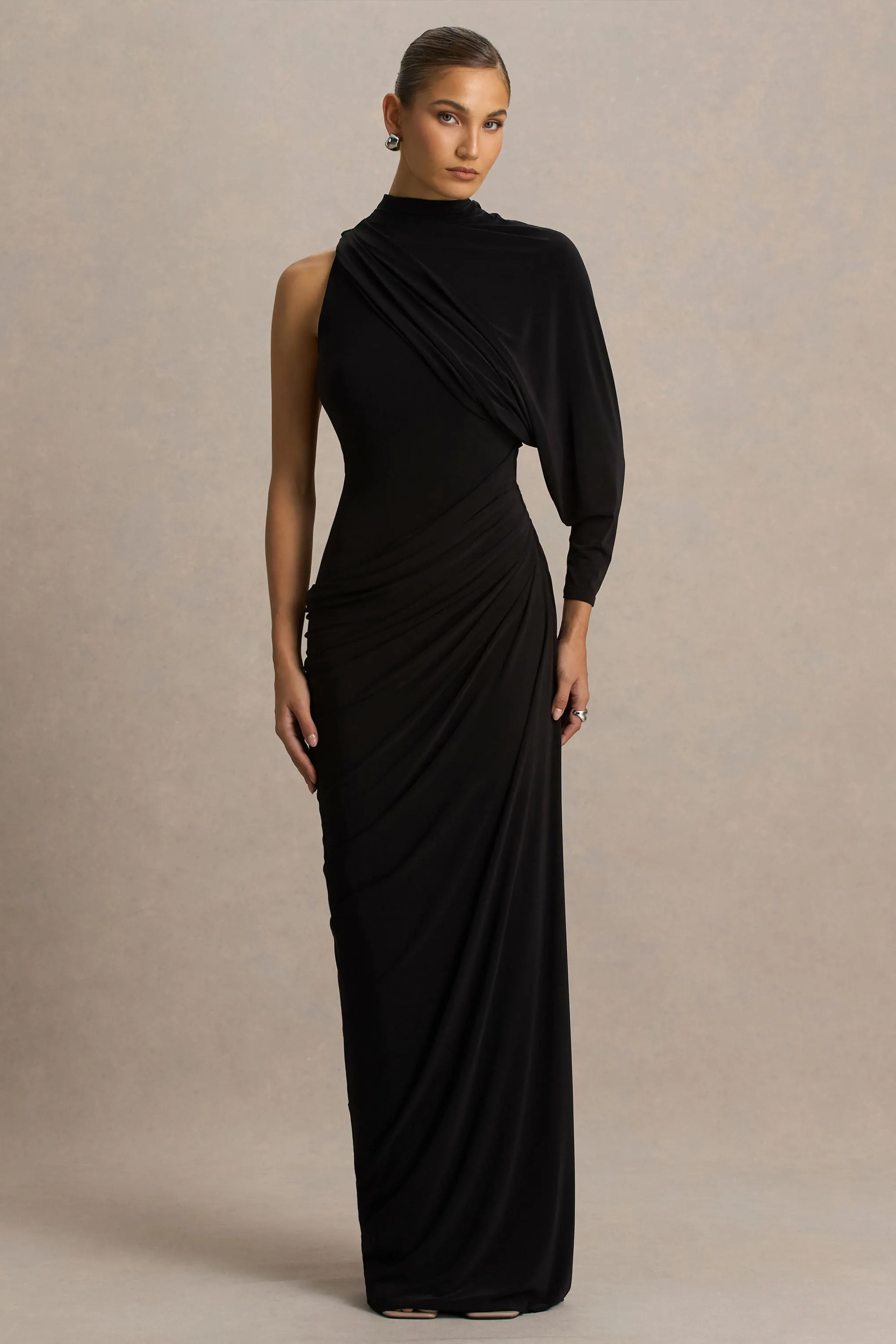 Aphra | Black High-Neck Maxi Dress With Cape-Sleeve sold by Club L London