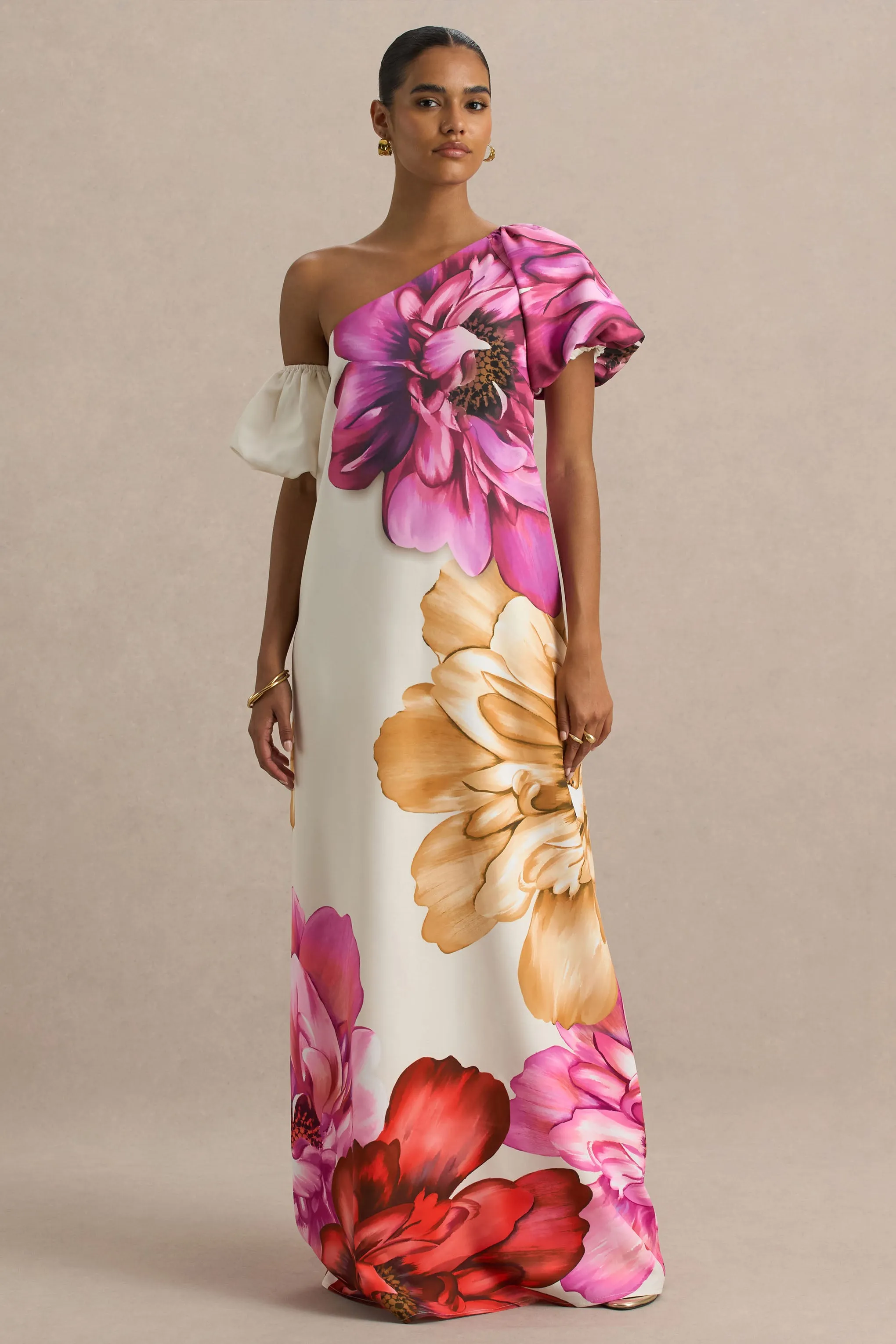 Anastasia | Large Multi-Floral Print Asymmetric Maxi Dress With Ruched Detailing sold by Club L London