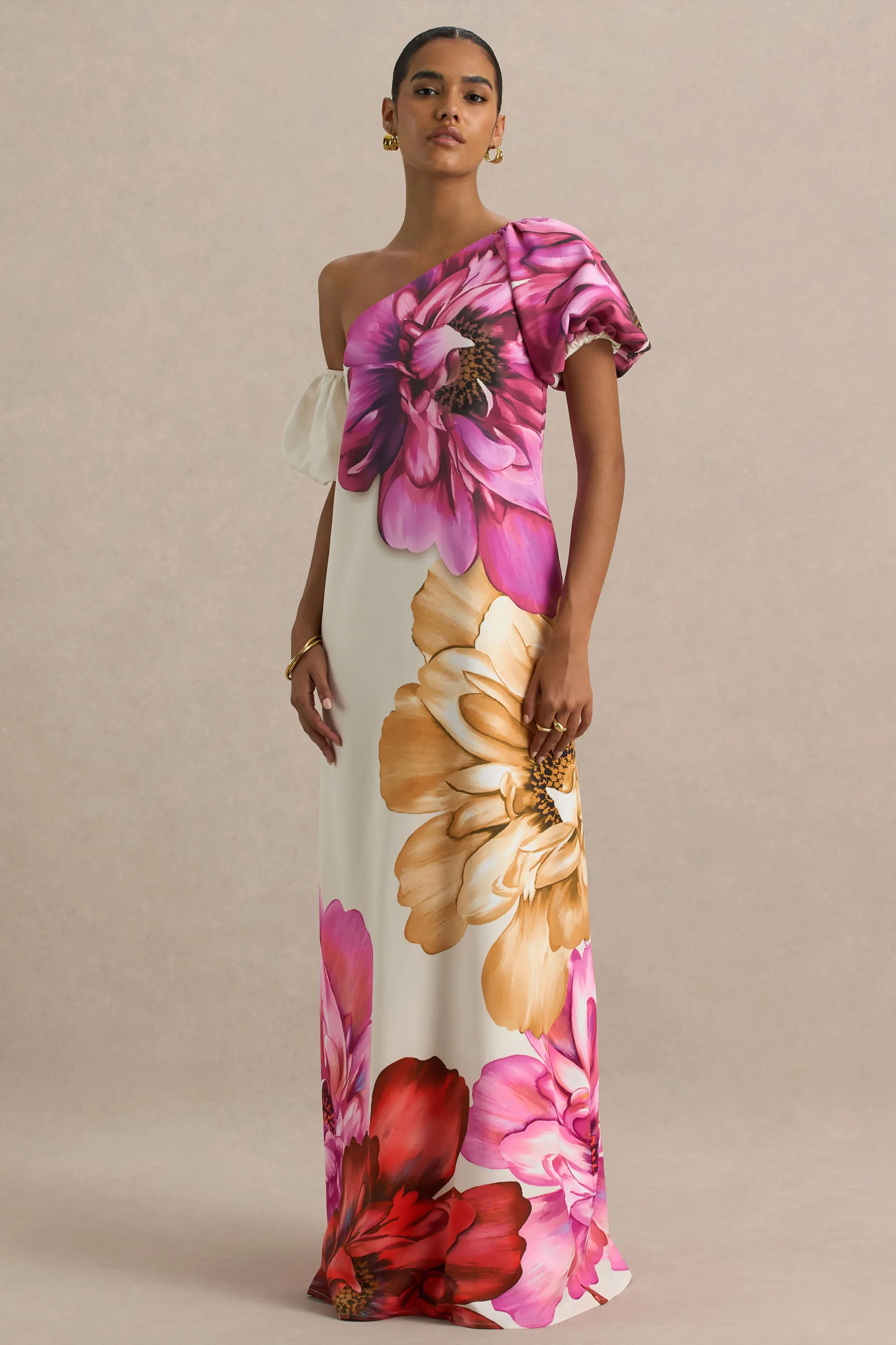 Anastasia | Large Multi-Floral Print Asymmetric Maxi Dress With Ruched Detailing sold by Club L London product image thumbnail 4