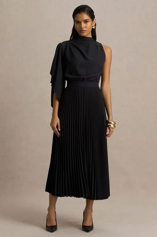 Jimena | Black High-Neck Midi Dress With One-Long Sleeve And Pleated Detailing sold by Club L London