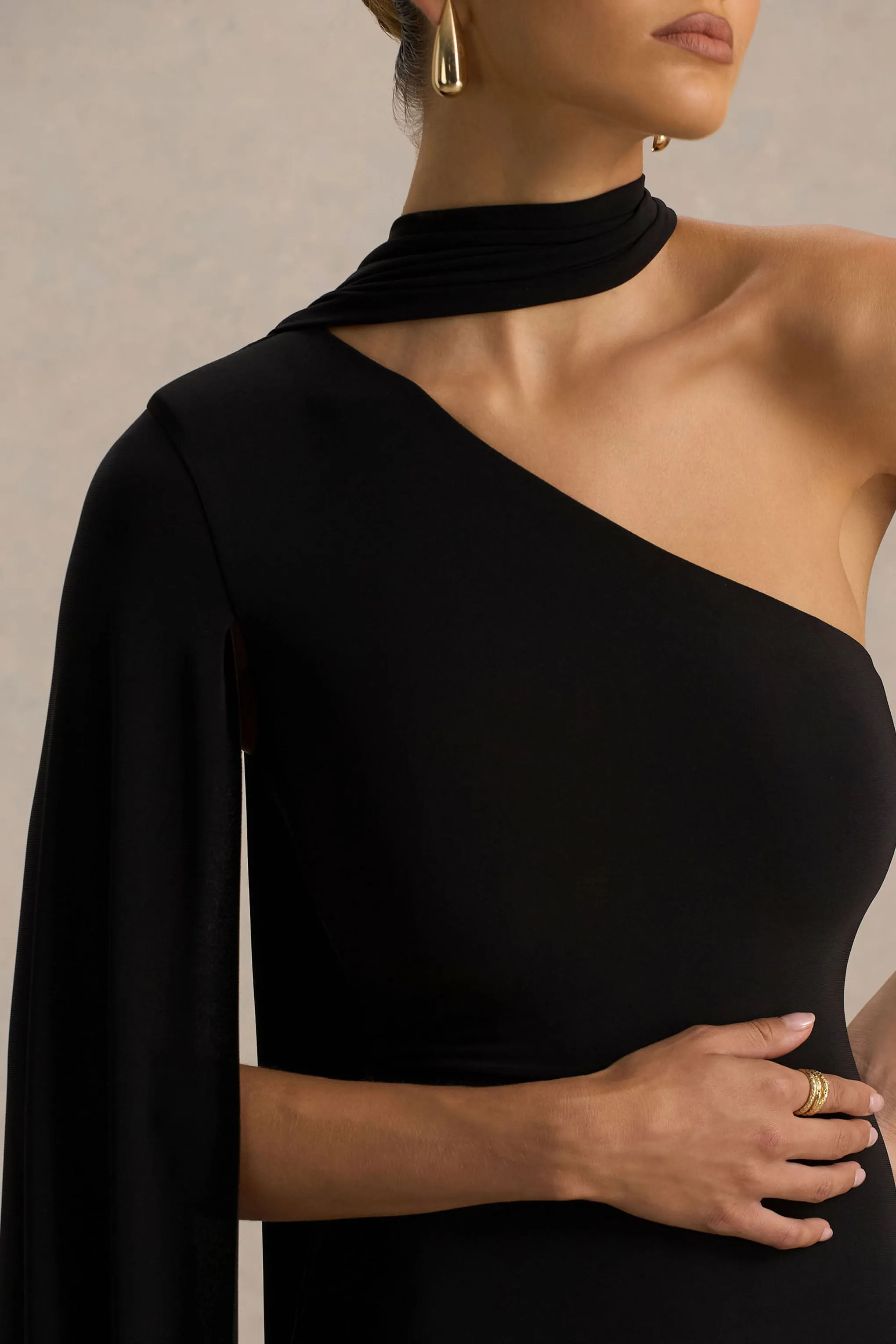 Arianne | Black Asymmetric-Neck Mini Dress With Scarf Detail sold by Club L London product image thumbnail 3