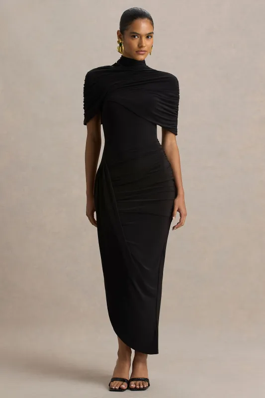 Enchant | Black Asymmetric Twisted Cape Midi Dress sold by Club L London