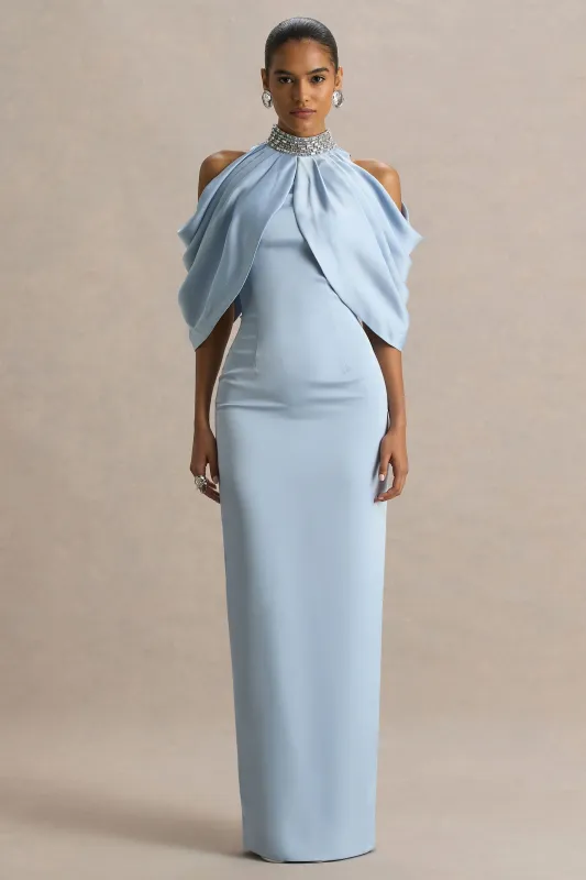 Sulliana | Powder Blue Satin High-Neck Maxi Dress With Embellished Detail And Cape Sleeves sold by Club L London