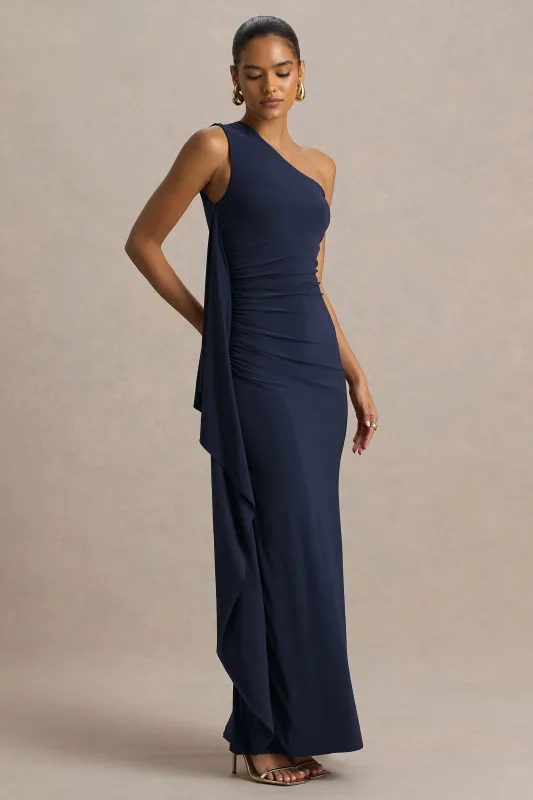 Adelina | Navy One-Shoulder Maxi Dress With Drape sold by Club L London