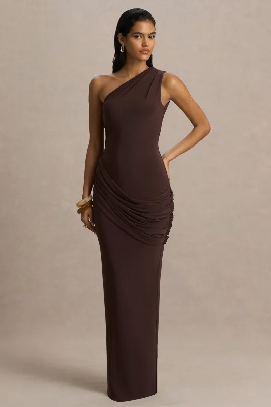 Elisa | Brown Asymmetric-Neck Maxi Dress With Open-Back And Ruched Detailing sold by Club L London