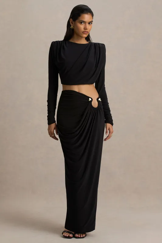 Avaline | Black Wrap Maxi Skirt With Ruched Detailing sold by Club L London
