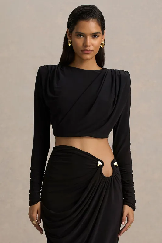 Fluxy | Black Long-Sleeved Crop-Top With Ruched Detailing sold by Club L London