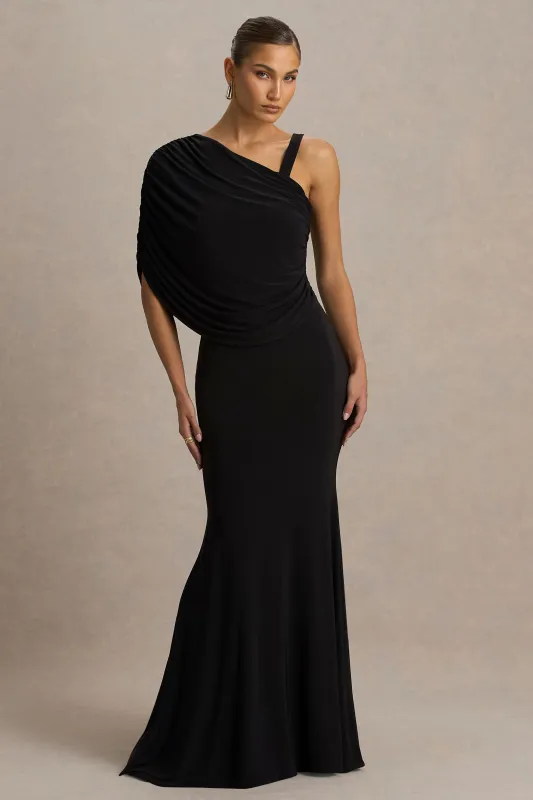 Sylvie | Black Asymmetric-Neck Maxi Dress sold by Club L London