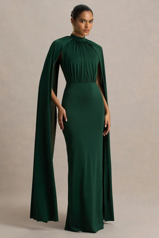 Darielle | Bottle Green High-Neck Cape-Sleeve Maxi Dress sold by Club L London