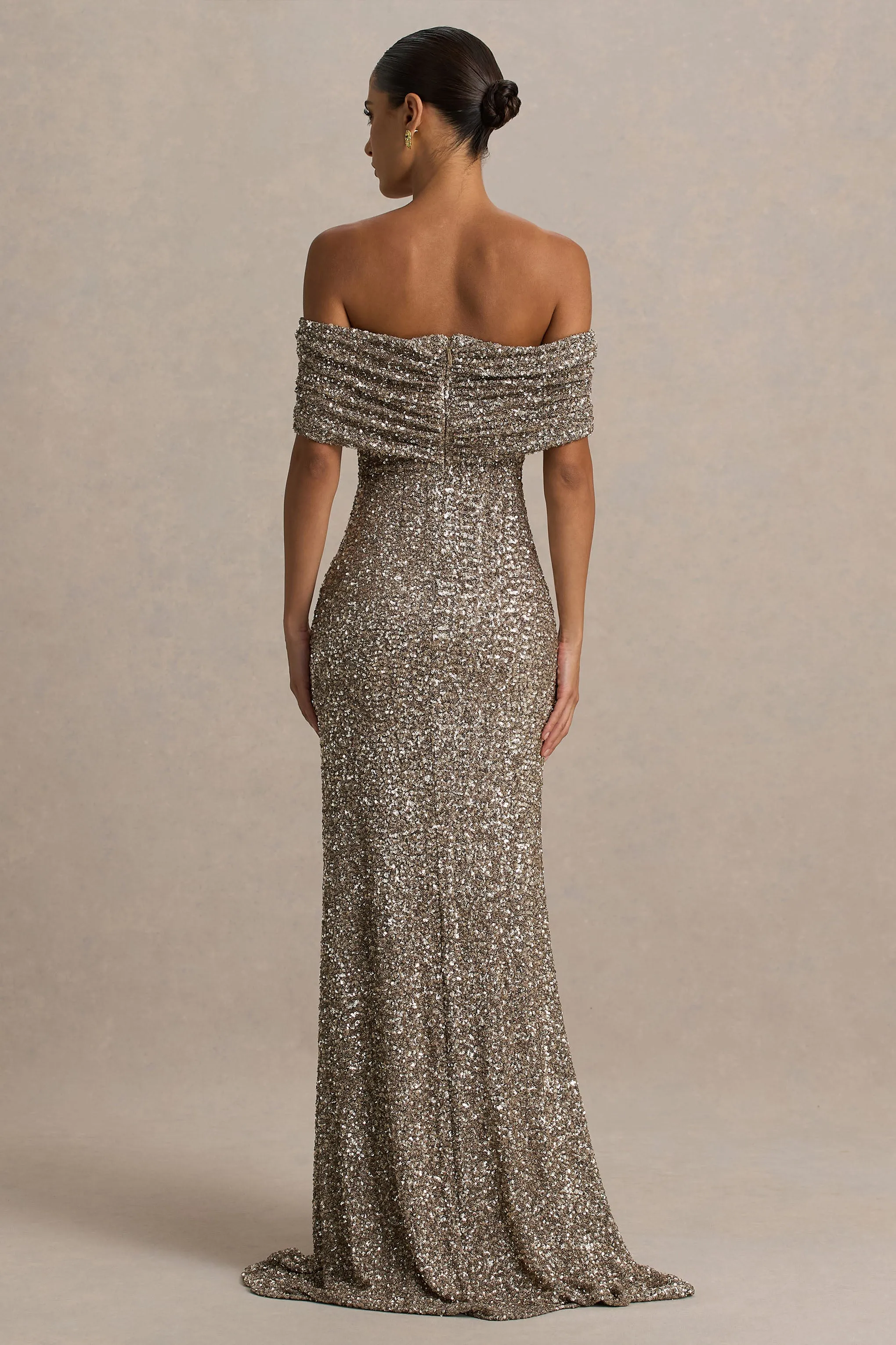 Melina | Champagne Sequin Bardot-Neck Maxi Dress sold by Club L London product image thumbnail 2