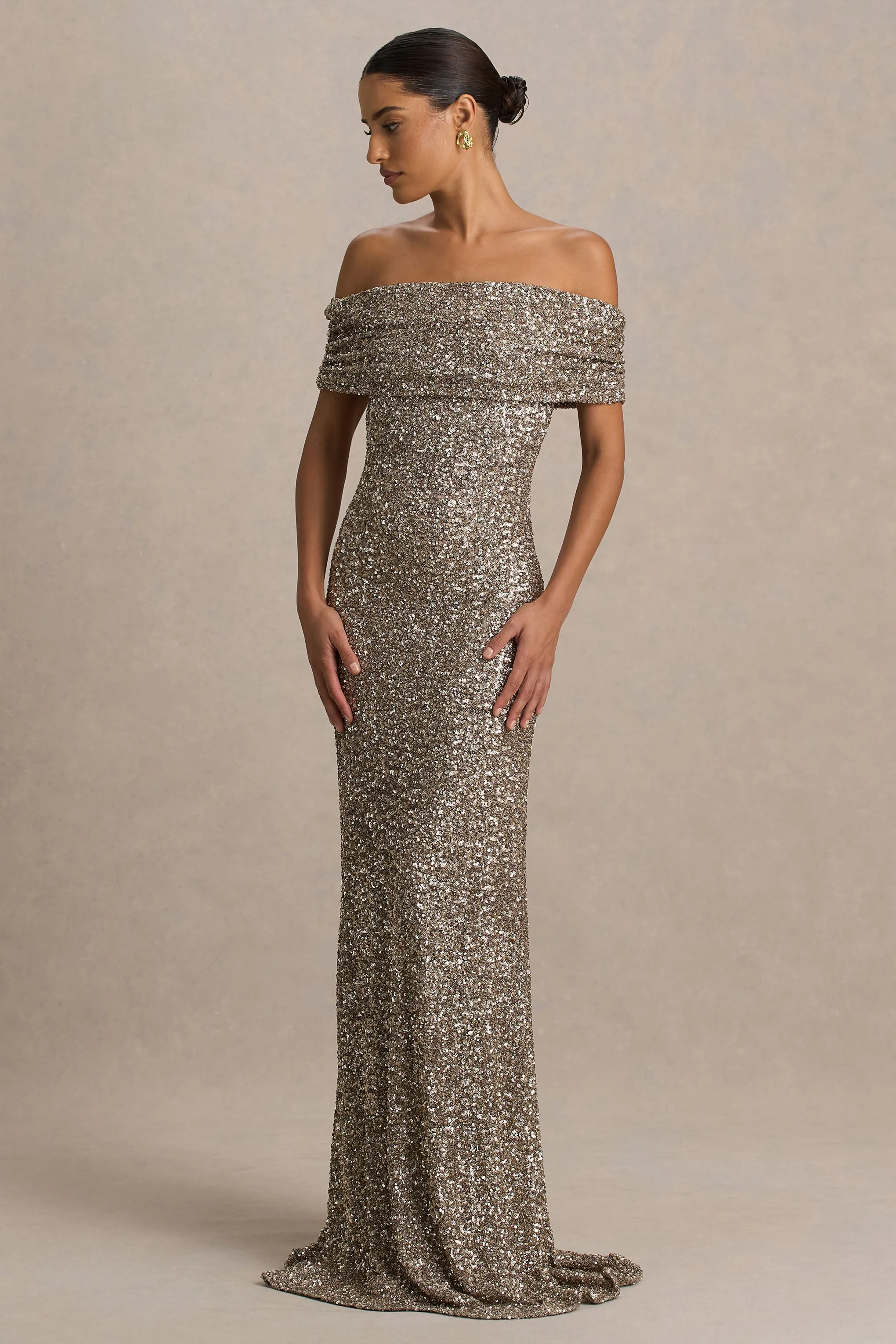 Melina | Champagne Sequin Bardot-Neck Maxi Dress sold by Club L London product image thumbnail 3