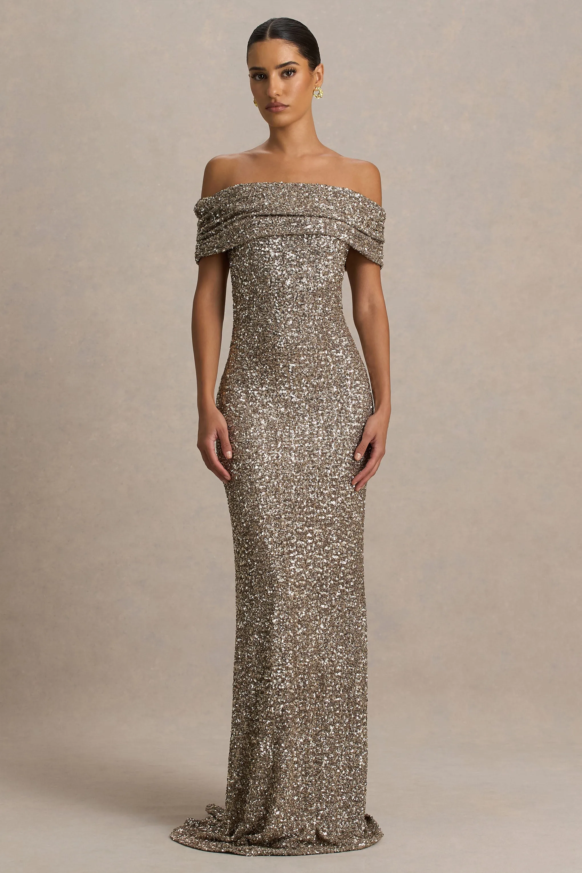 Melina | Champagne Sequin Bardot-Neck Maxi Dress sold by Club L London product image thumbnail 4