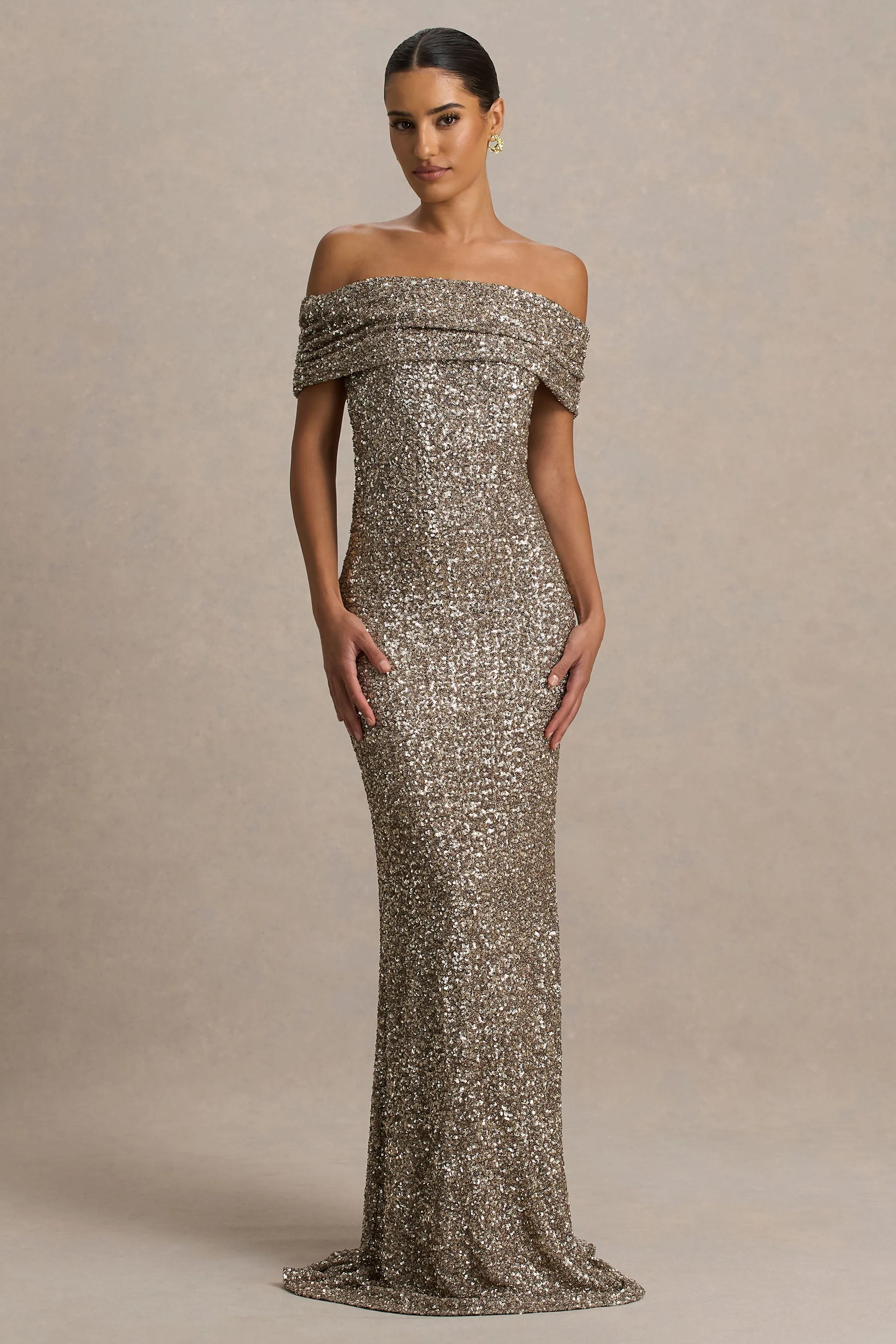 Melina | Champagne Sequin Bardot-Neck Maxi Dress sold by Club L London