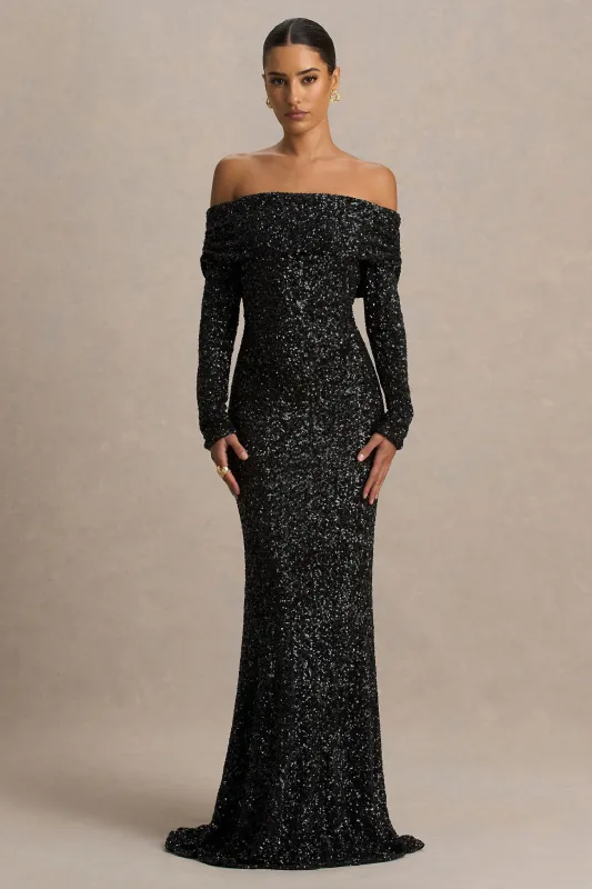 Obsession | Black Sequin Bardot-Neck Maxi Dress With Long Sleeves sold by Club L London