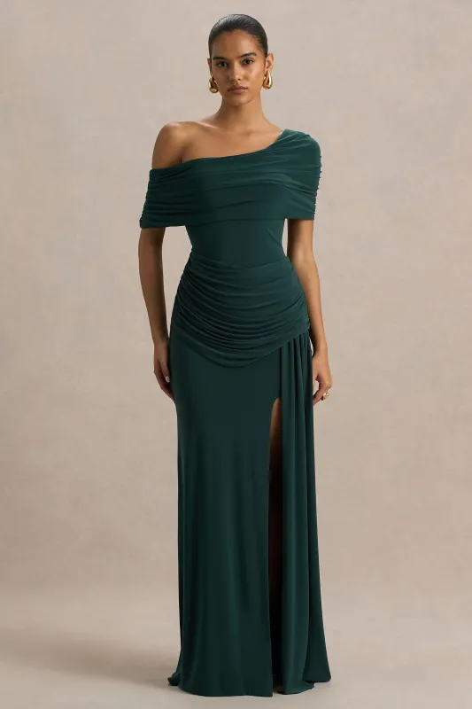 Dynasty | Dark Green Asymmetric-Neck Maxi Dress With Ruched Detailing And Front High-Split made by Club L London