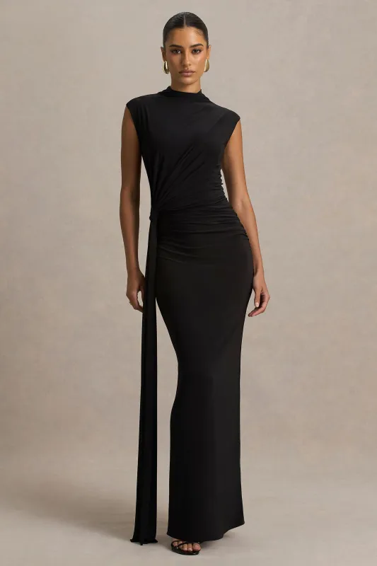 Solene | Black High-Neck Maxi Dress With Wrap And Drape Detail sold by Club L London