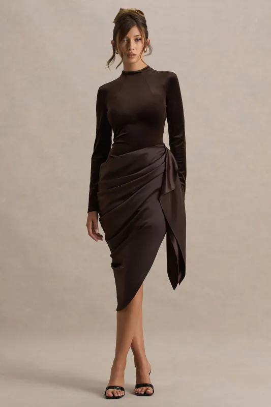 Sasha | Brown Satin And Velvet Midi Dress With Wrap-Detail sold by Club L London