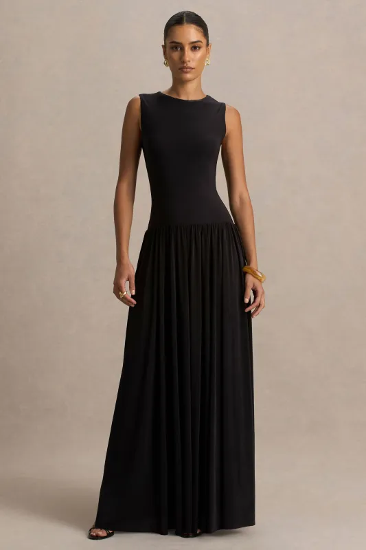 Rosalita | Black Crew-Neck Maxi Dress With Drop-Waist sold by Club L London
