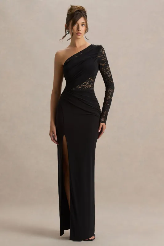 Melody | Black Asymmetric-Neck Maxi Dress With Lace Detailing And Front-High Split sold by Club L London