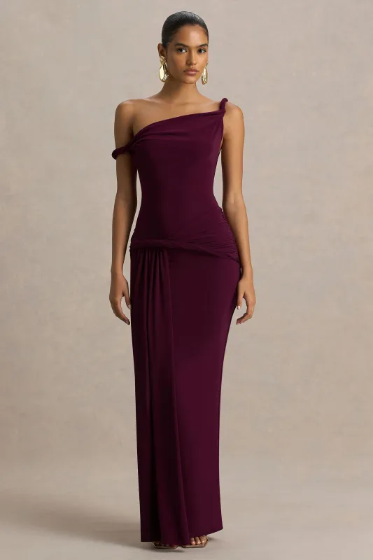 Tulisa | Burgundy Asymmetric-Neck Maxi Dress With Twist Sleeves And Ruched Detailing sold by Club L London