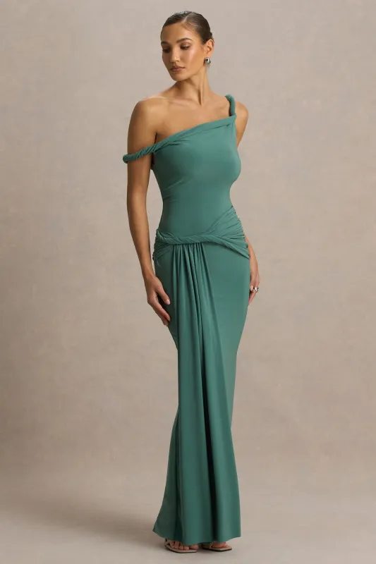 Tulisa | Green Asymmetric-Neck Maxi Dress With Twist Sleeves And Ruched Detailing sold by Club L London