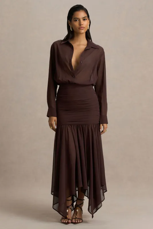 Kris | Brown Plunge-Neck Maxi Dress With Ruched Detailing sold by Club L London