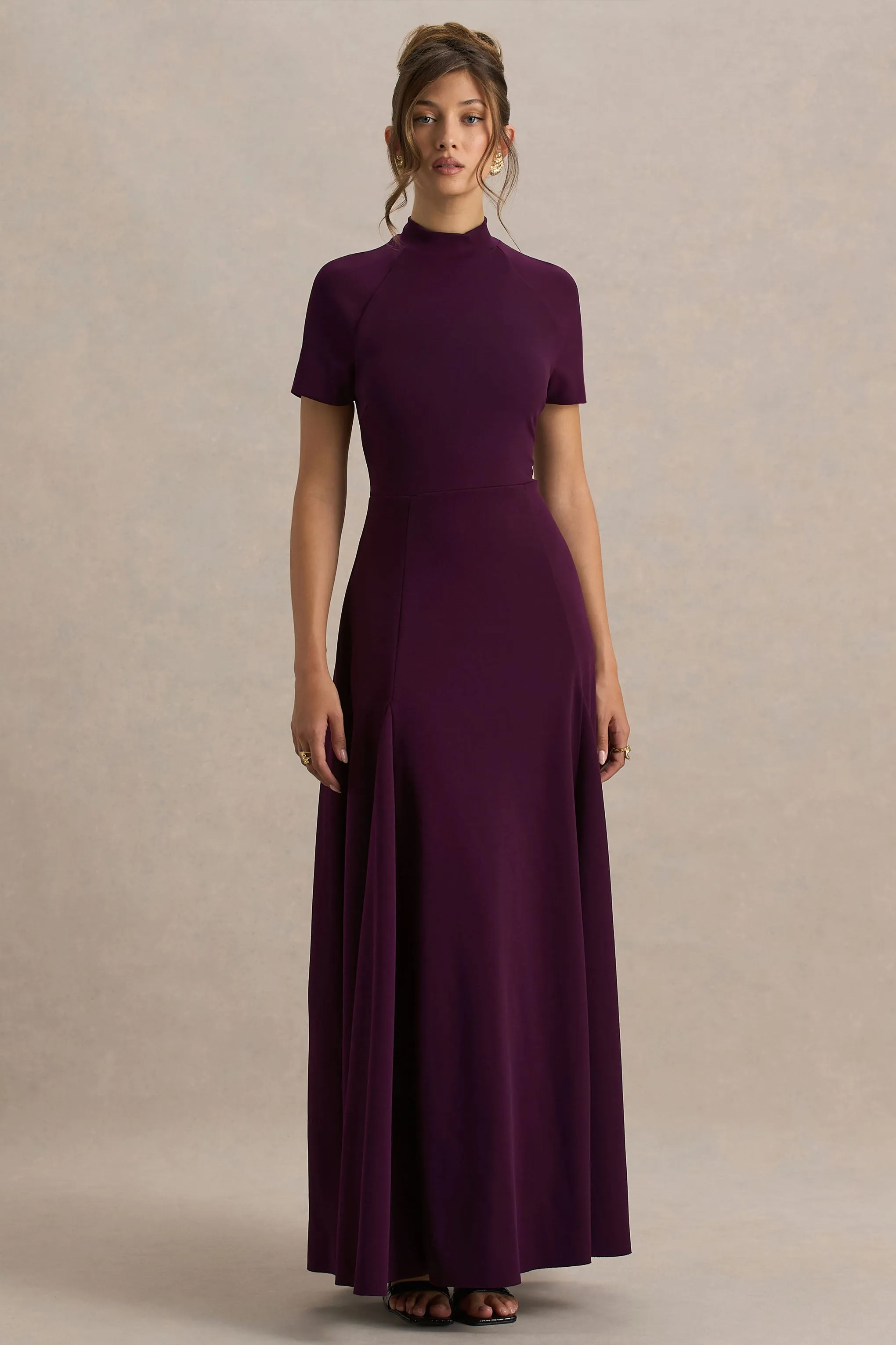 Alea | Burgundy High-Neck Short-Sleeve Maxi Dress sold by Club L London