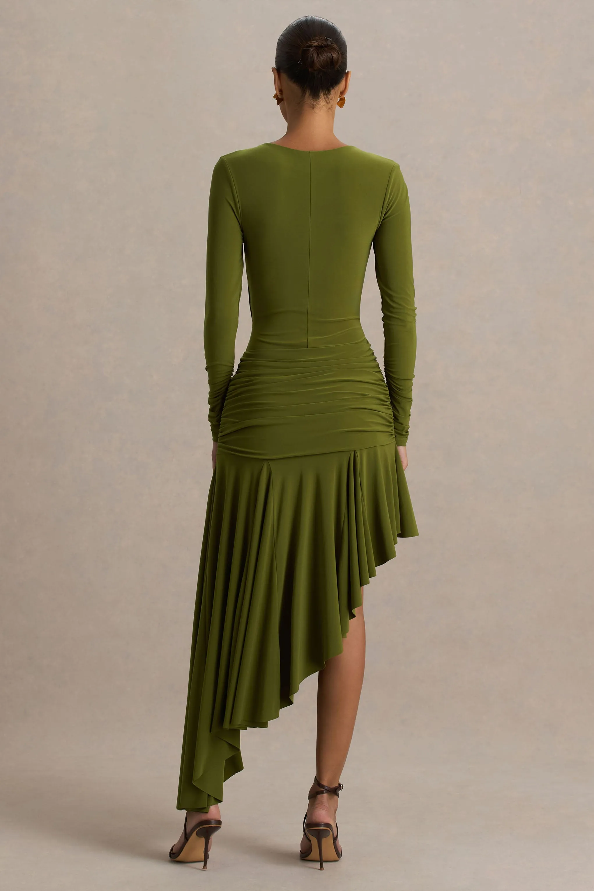 Alexia | Green Asymmetric-Neck Maxi Dress With Embellishment And Ruched Detailing sold by Club L London product image thumbnail 2