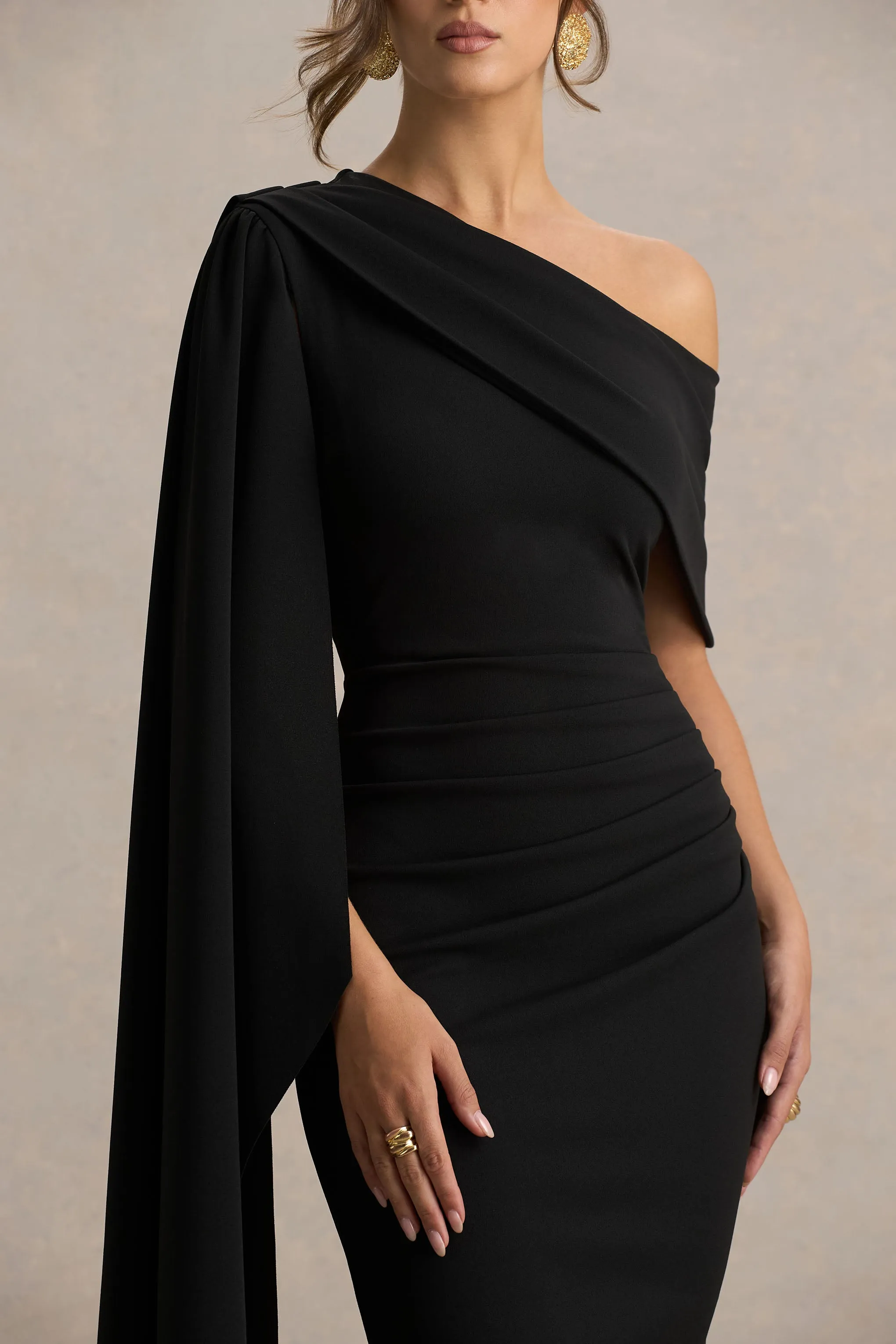 Leah | Black Asymmetric-Neck Midi Dress With Cape-Sleeve And Draped Detailing sold by Club L London product image thumbnail 3