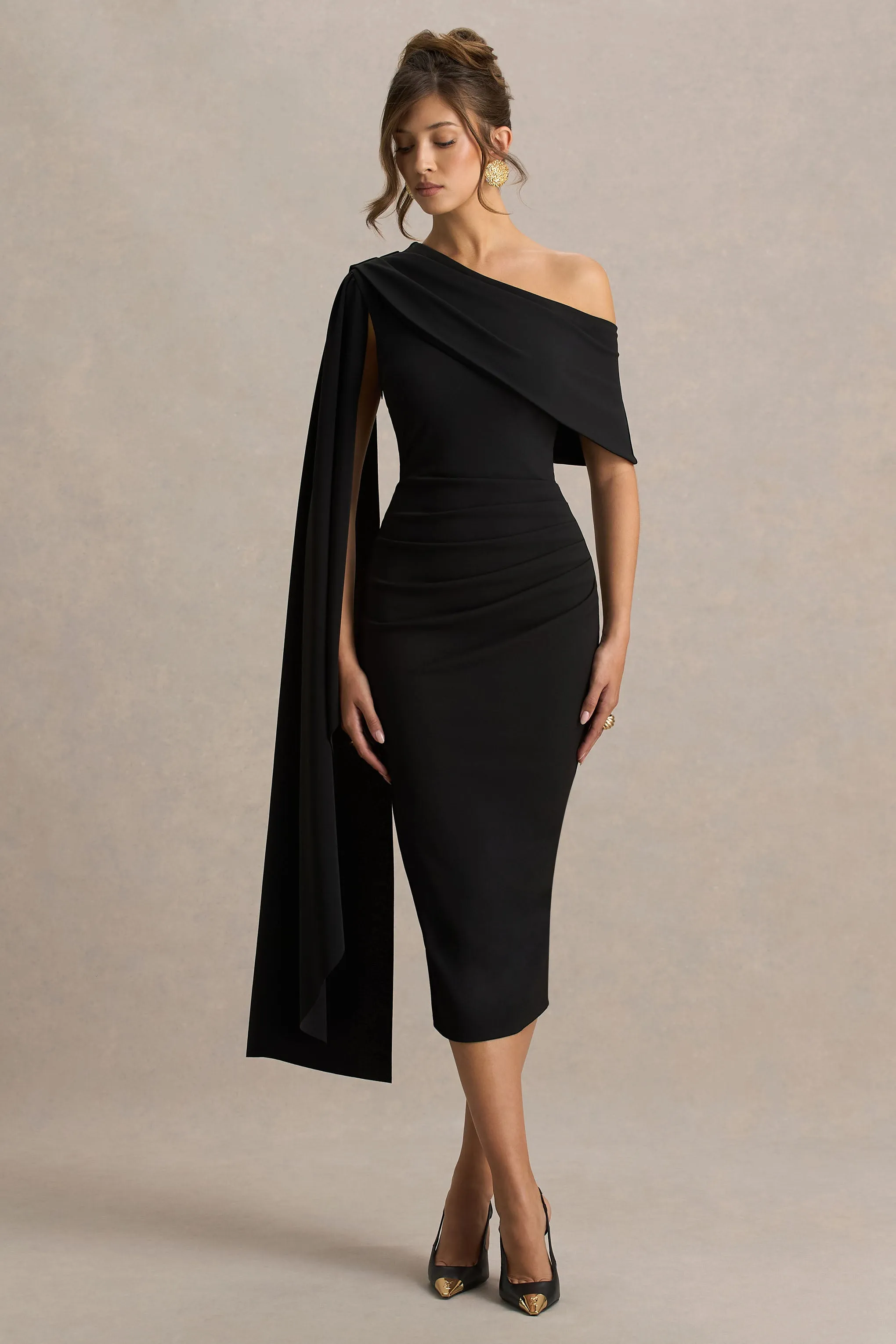 Leah | Black Asymmetric-Neck Midi Dress With Cape-Sleeve And Draped Detailing sold by Club L London product image thumbnail 4
