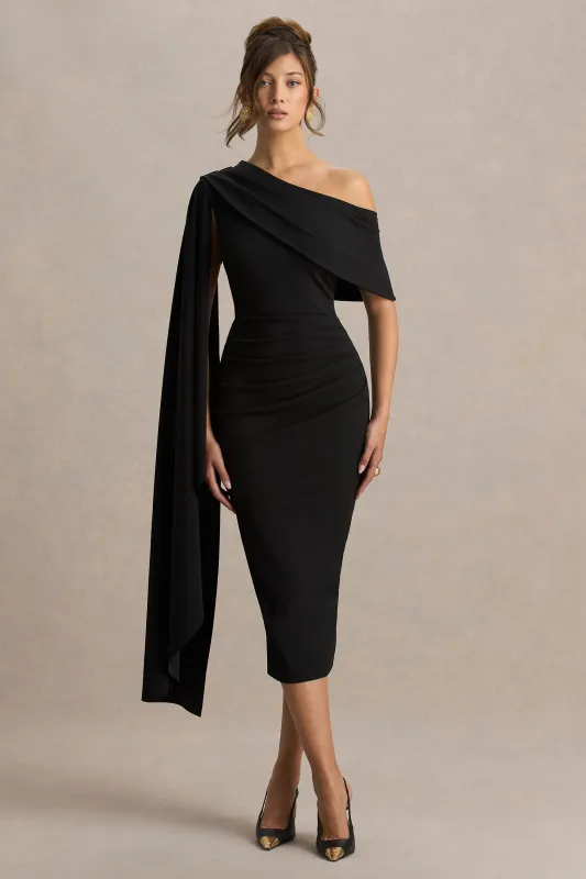 Leah | Black Asymmetric-Neck Midi Dress With Cape-Sleeve And Draped Detailing sold by Club L London