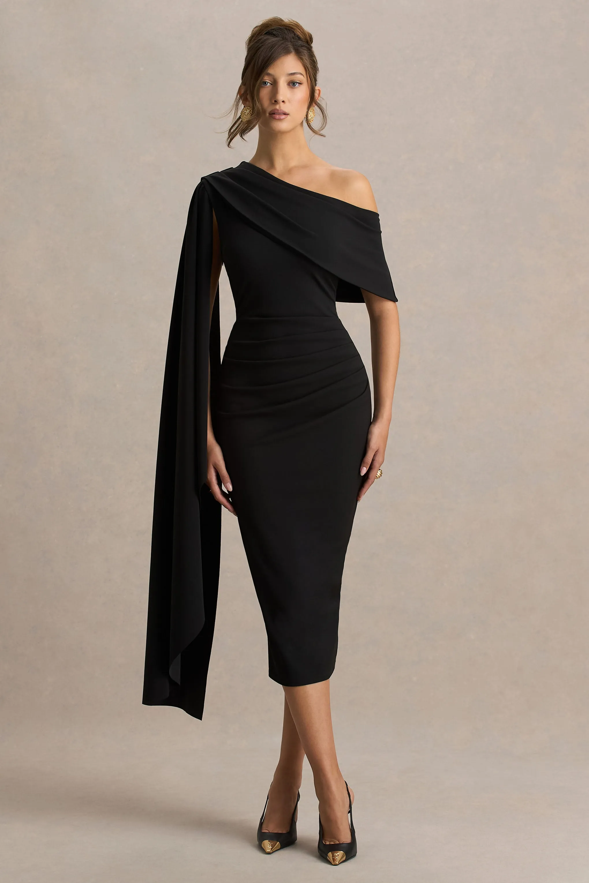 Leah | Black Asymmetric-Neck Midi Dress With Cape-Sleeve And Draped Detailing sold by Club L London