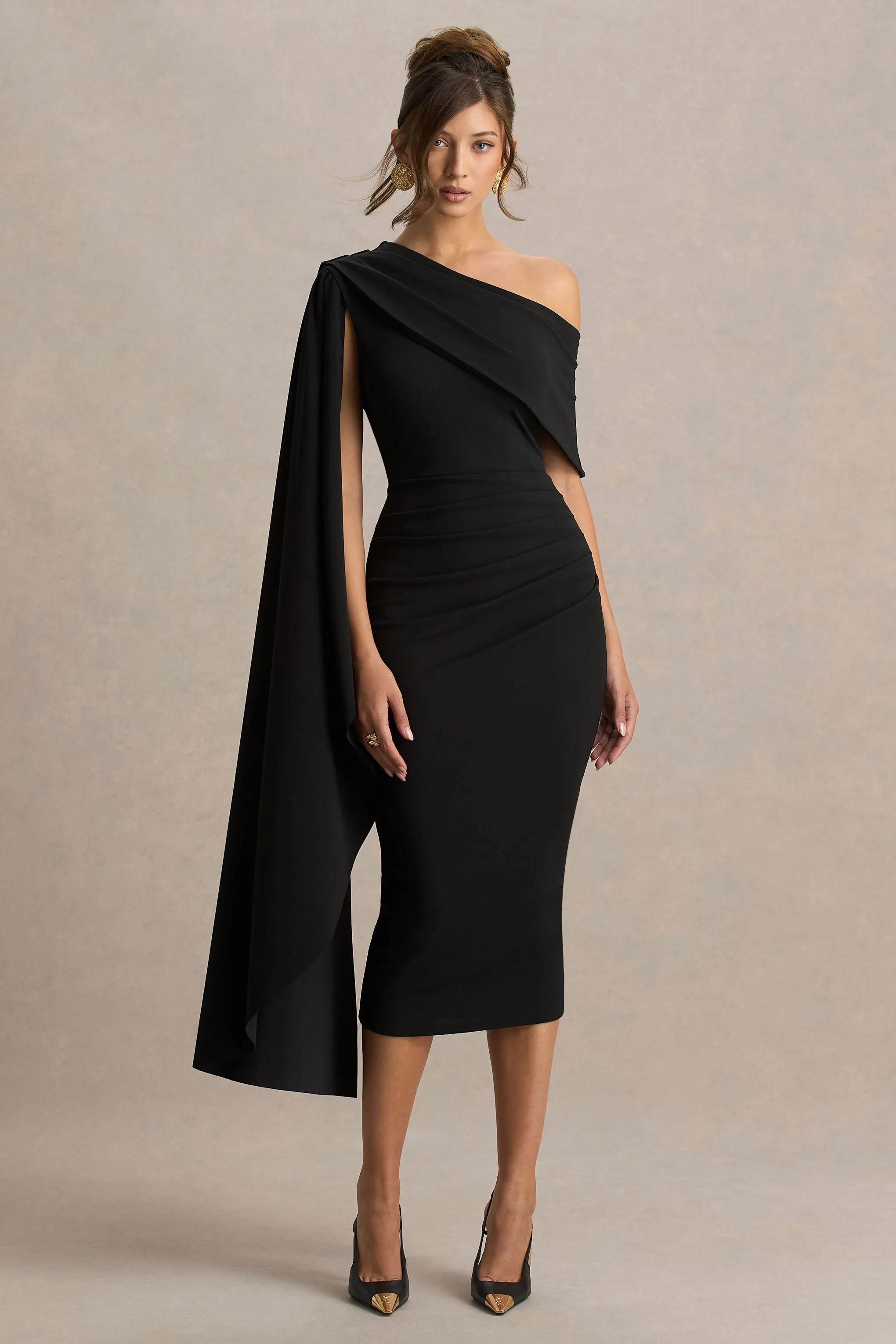 Leah | Black Asymmetric-Neck Midi Dress With Cape-Sleeve And Draped Detailing sold by Club L London product image thumbnail 5