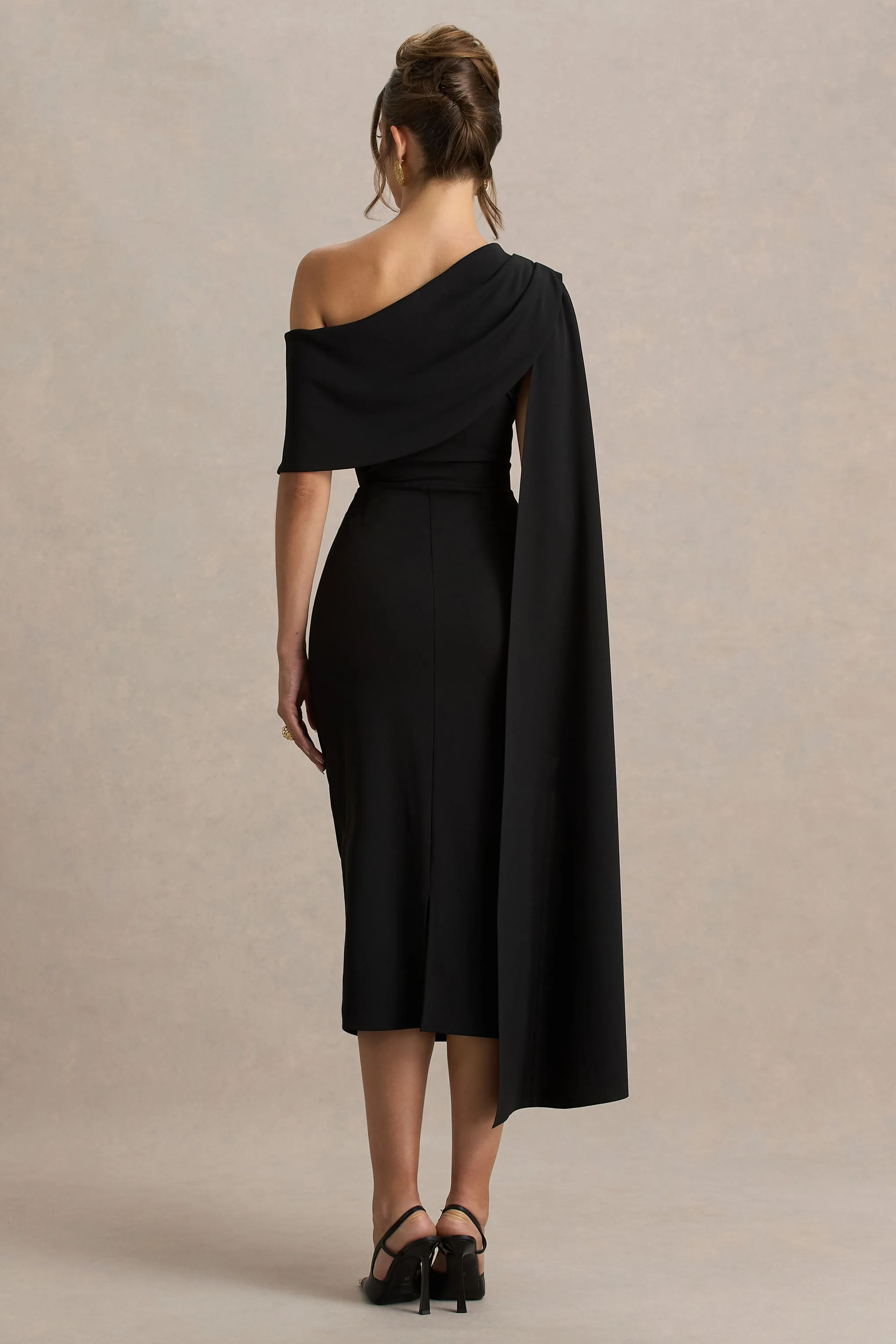Leah | Black Asymmetric-Neck Midi Dress With Cape-Sleeve And Draped Detailing sold by Club L London product image thumbnail 2