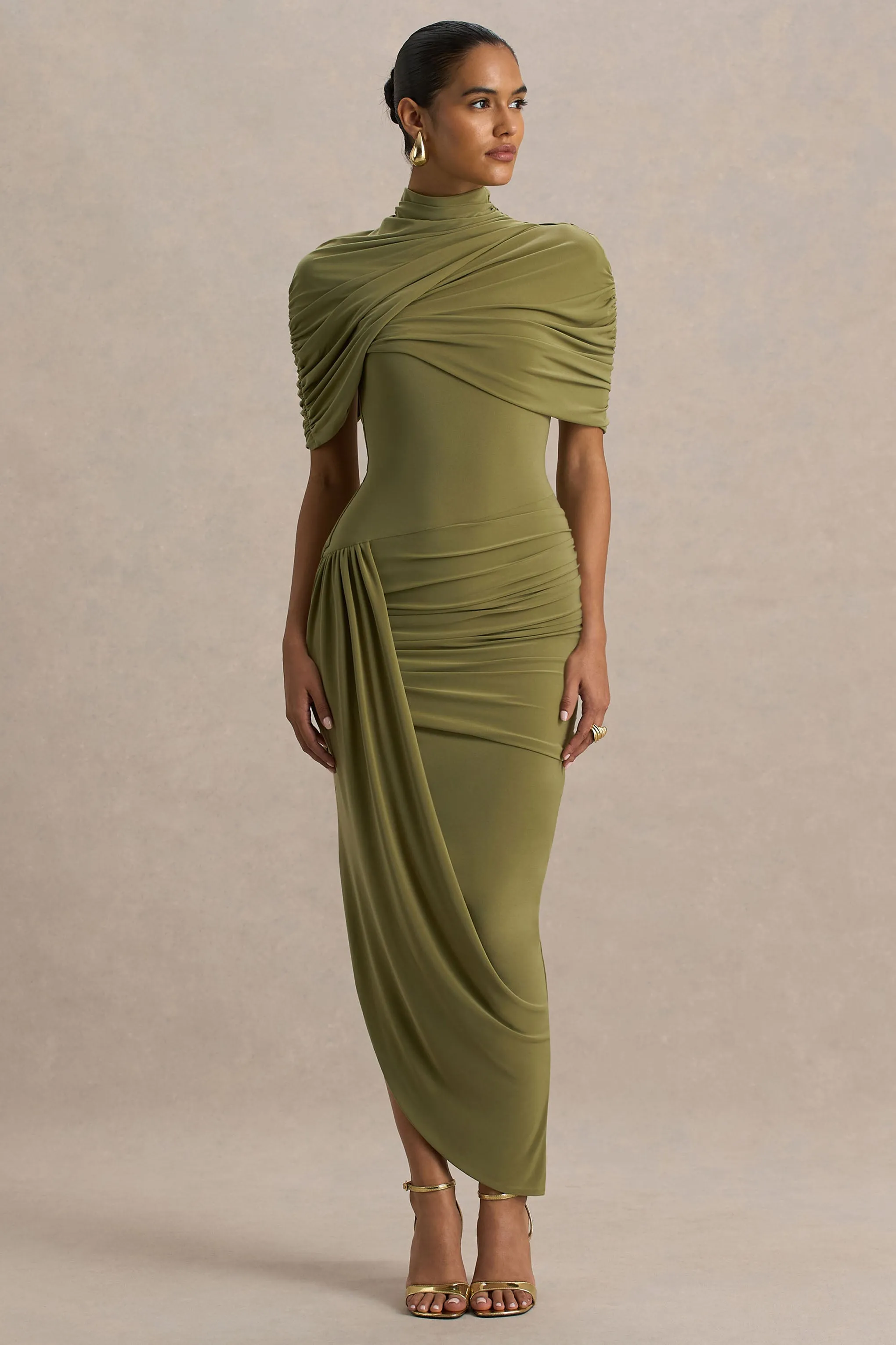 Enchant | Olive Asymmetric Twisted Cape Midi Dress sold by Club L London product image thumbnail 4