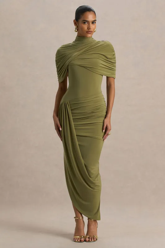 Enchant | Olive Asymmetric Twisted Cape Midi Dress sold by Club L London