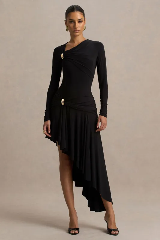Alexia | Black Asymmetric-Neck Maxi Dress With Embellishment And Ruched Detailing sold by Club L London
