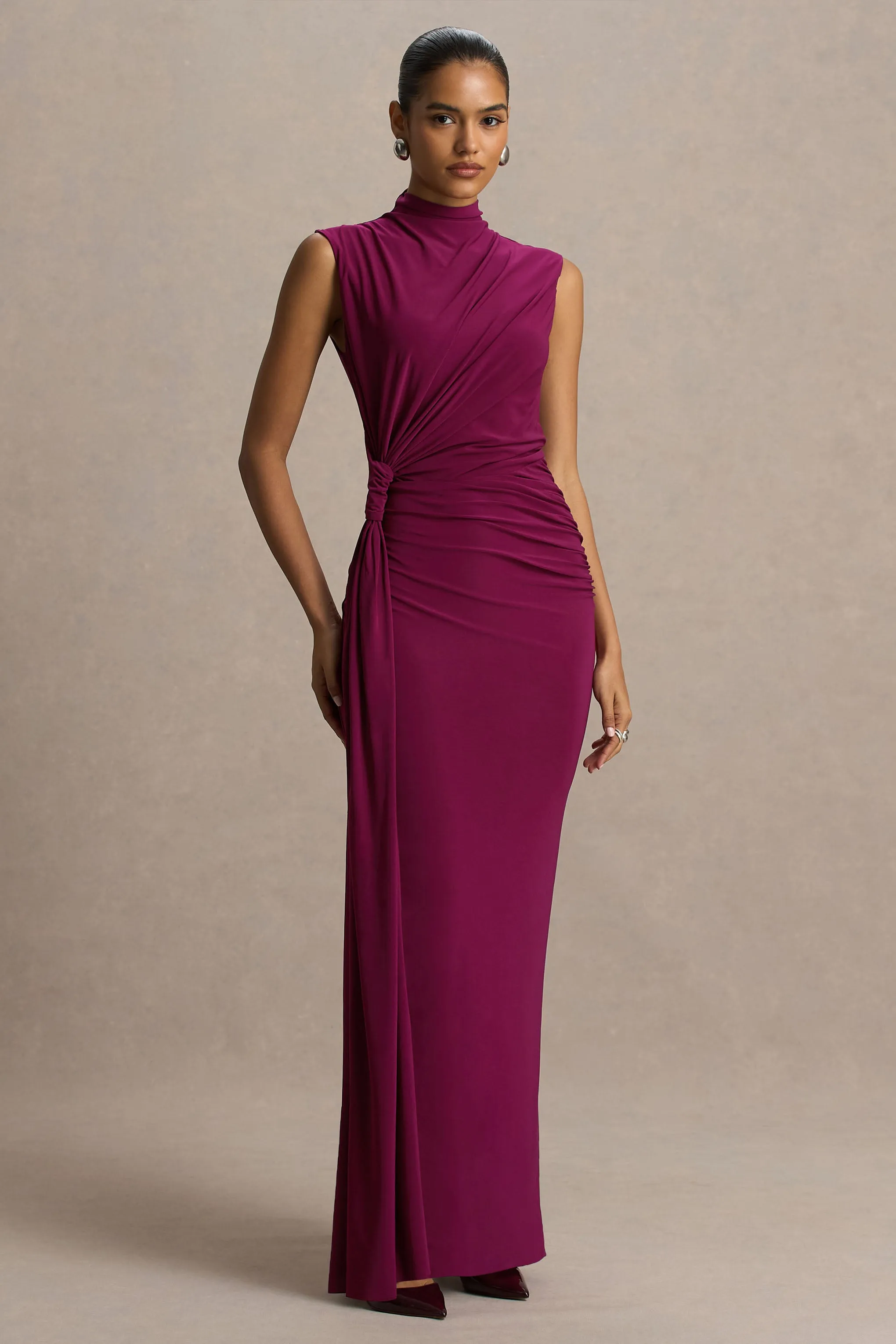 Solene | Burgundy High-Neck Maxi Dress With Wrap And Drape Detail sold by Club L London product image thumbnail 5