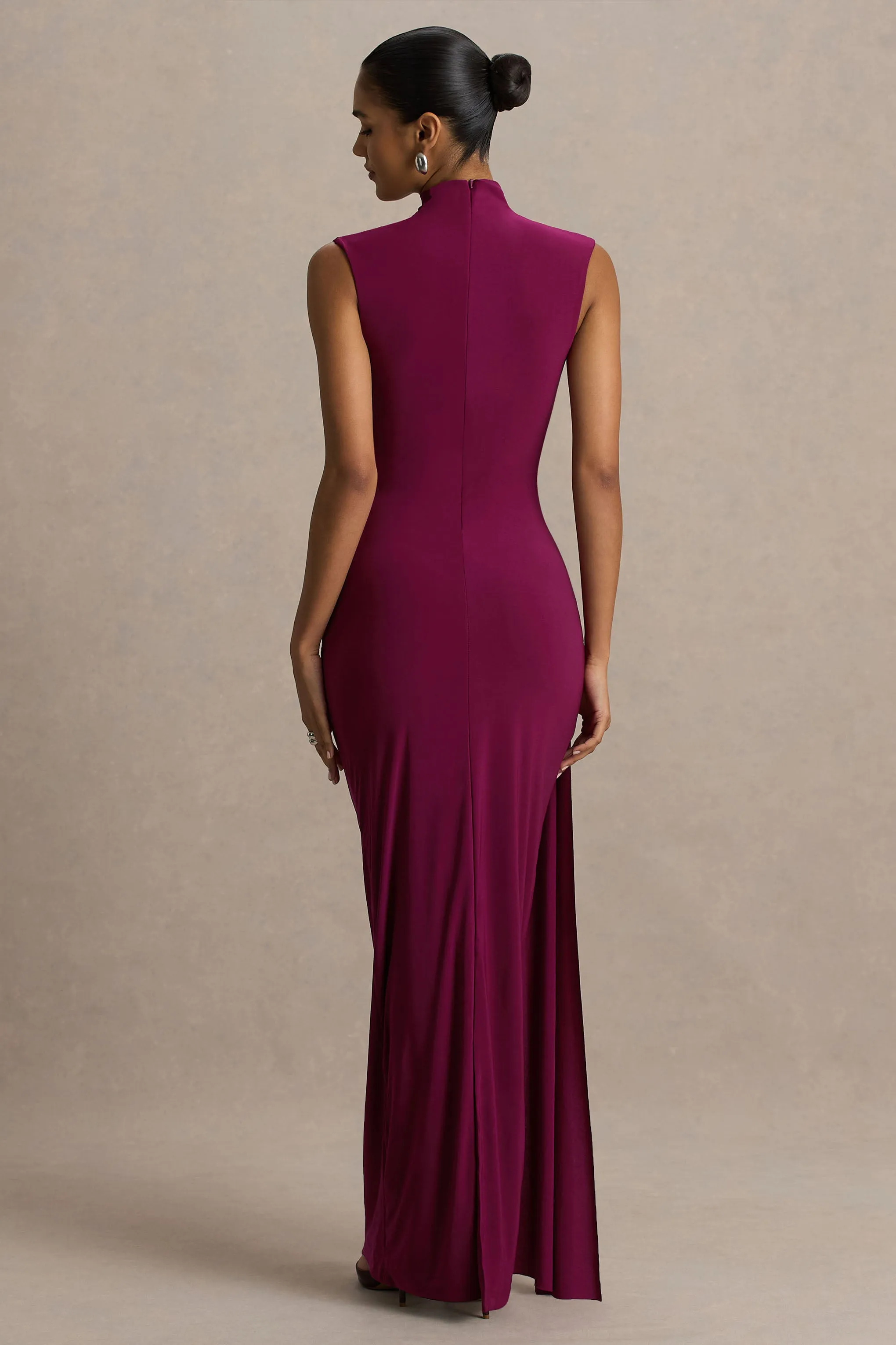 Solene | Burgundy High-Neck Maxi Dress With Wrap And Drape Detail sold by Club L London product image thumbnail 2