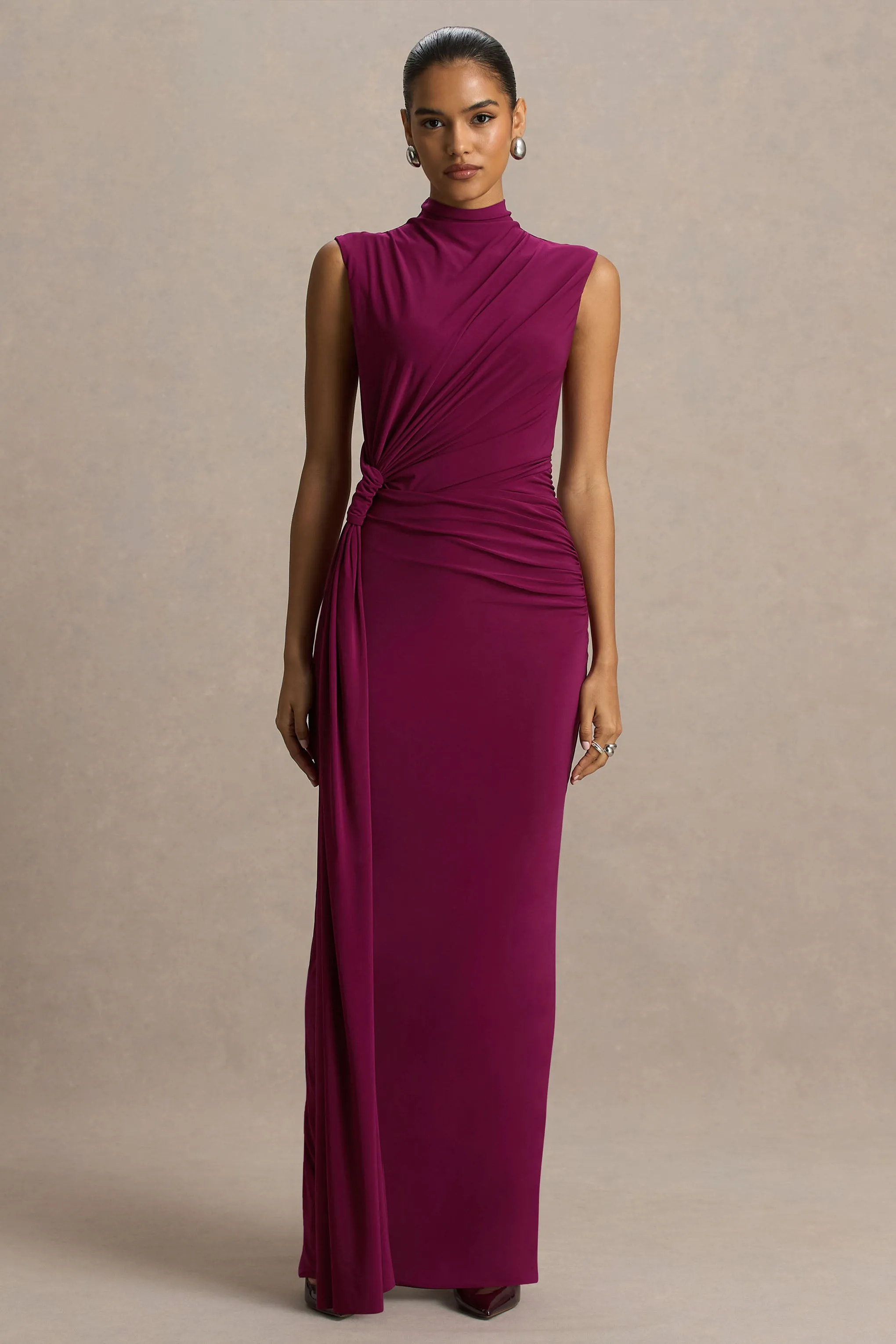 Solene | Burgundy High-Neck Maxi Dress With Wrap And Drape Detail sold by Club L London product image thumbnail 4