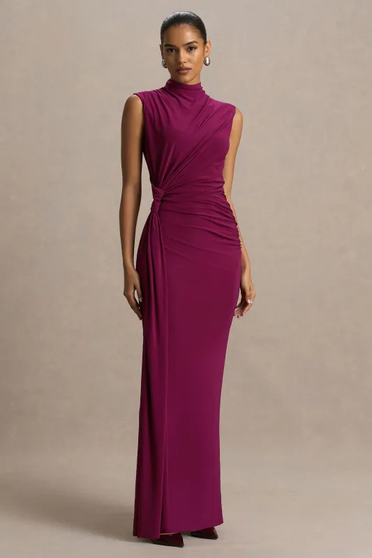 Solene | Burgundy High-Neck Maxi Dress With Wrap And Drape Detail sold by Club L London