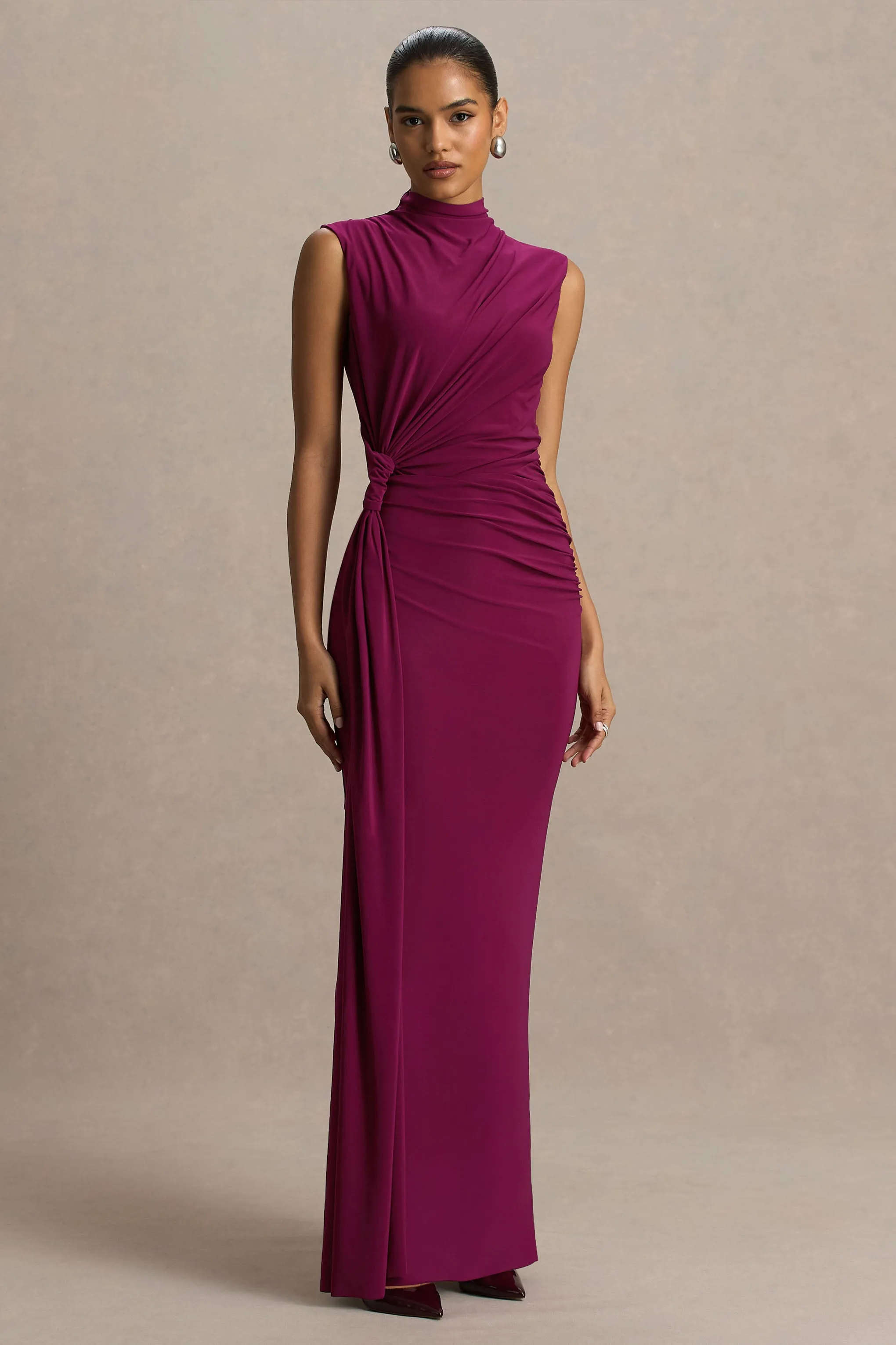 Solene | Burgundy High-Neck Maxi Dress With Wrap And Drape Detail sold by Club L London