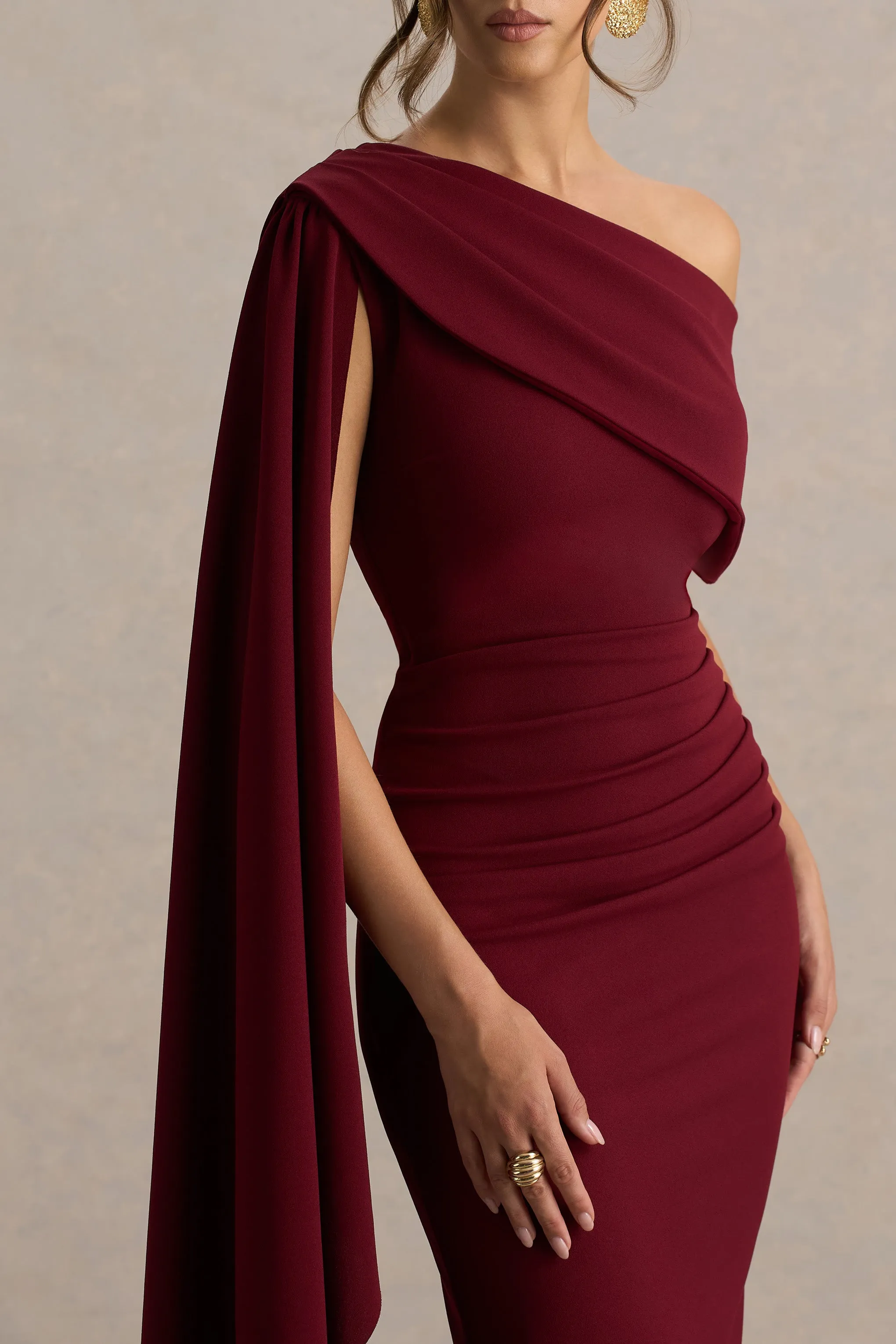 Leah | Burgundy Asymmetric-Neck Midi Dress With Cape-Sleeve And Draped Detailing sold by Club L London product image thumbnail 4