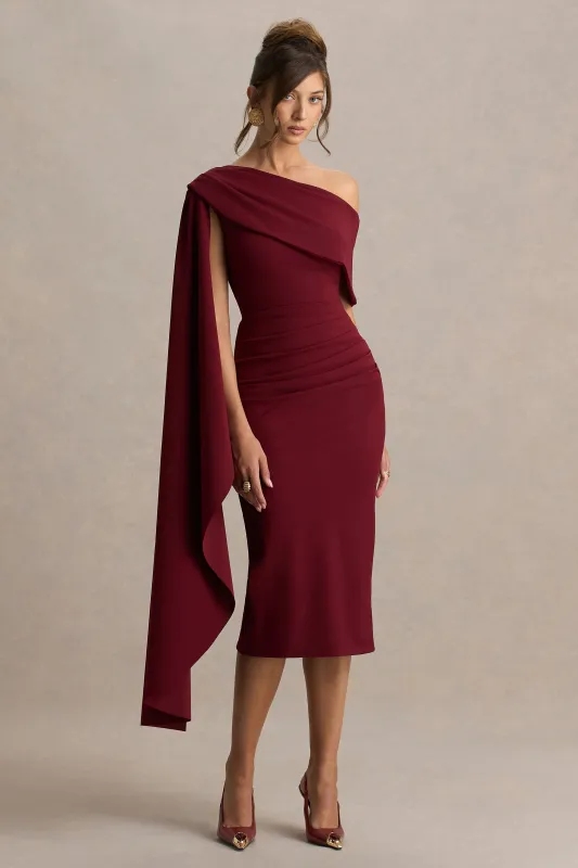 Leah | Burgundy Asymmetric-Neck Midi Dress With Cape-Sleeve And Draped Detailing sold by Club L London