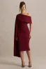 Leah | Burgundy Asymmetric-Neck Midi Dress With Cape-Sleeve And Draped Detailing sold by Club L London