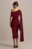 Leah | Burgundy Asymmetric-Neck Midi Dress With Cape-Sleeve And Draped Detailing sold by Club L London